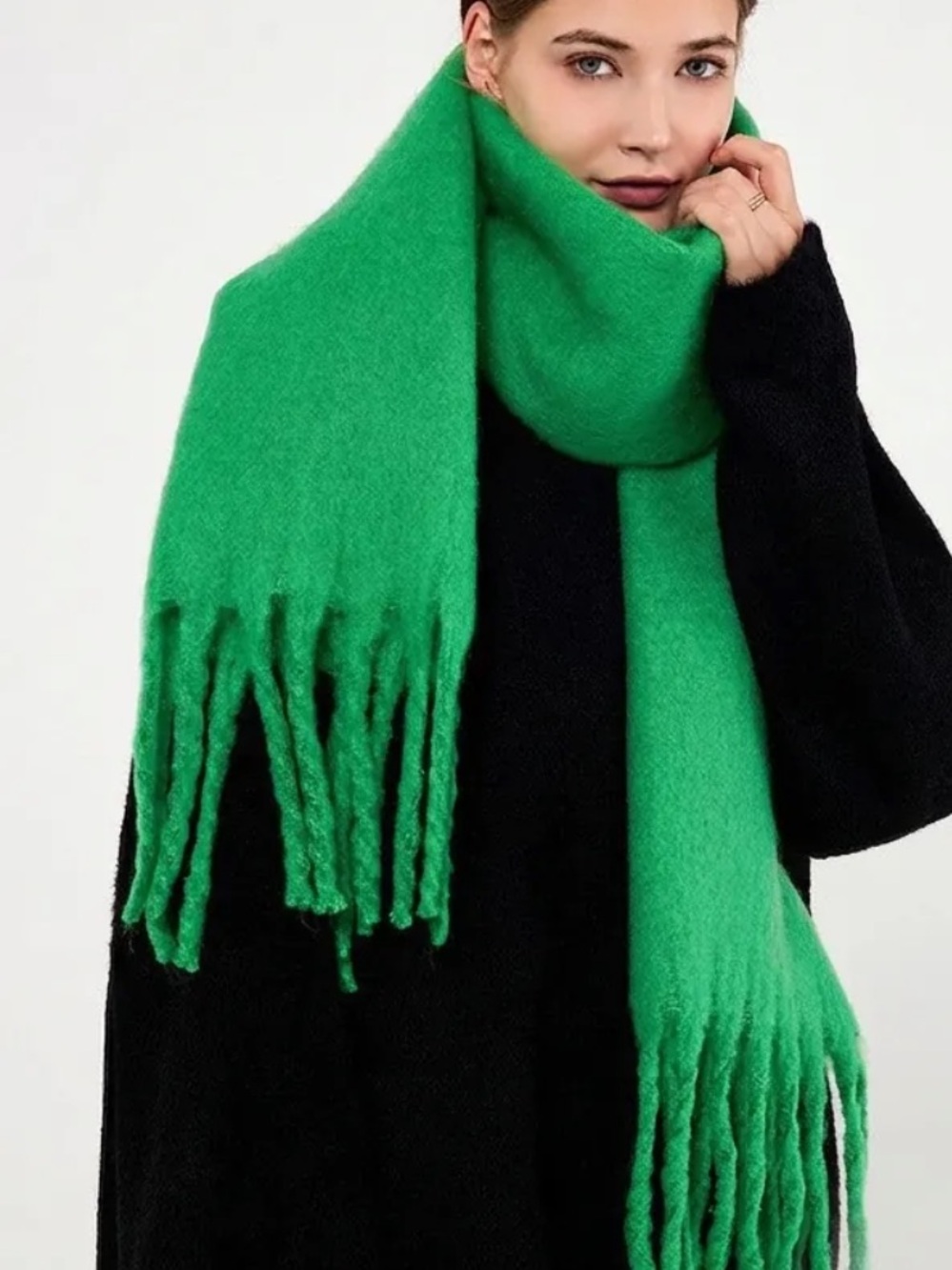 Cozy Oversized Fringe Scarf in Bright Green - Picture 5 of 10